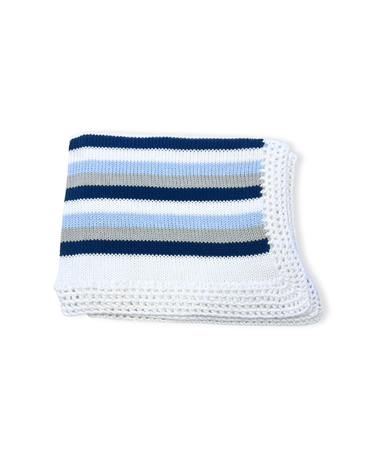 boutique baby blanket cotton, navy grey blue striped baby blanket Expressions Boutique NY, heirloom crochet baby blanket, cotton knit baby boy girl blanket, newborn boy girl stroller blanket, boutique baby shower gift blanket, navy stripe baby knitwear, breathable cotton baby blanket neutral, luxury knit baby bedding