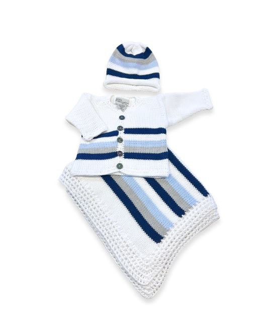 boutique baby blanket cotton, navy grey blue striped baby blanket Expressions Boutique NY, heirloom crochet baby blanket, cotton knit baby boy girl blanket, newborn boy girl stroller blanket, boutique baby shower gift blanket, navy stripe baby knitwear, breathable cotton baby blanket neutral, luxury knit baby bedding