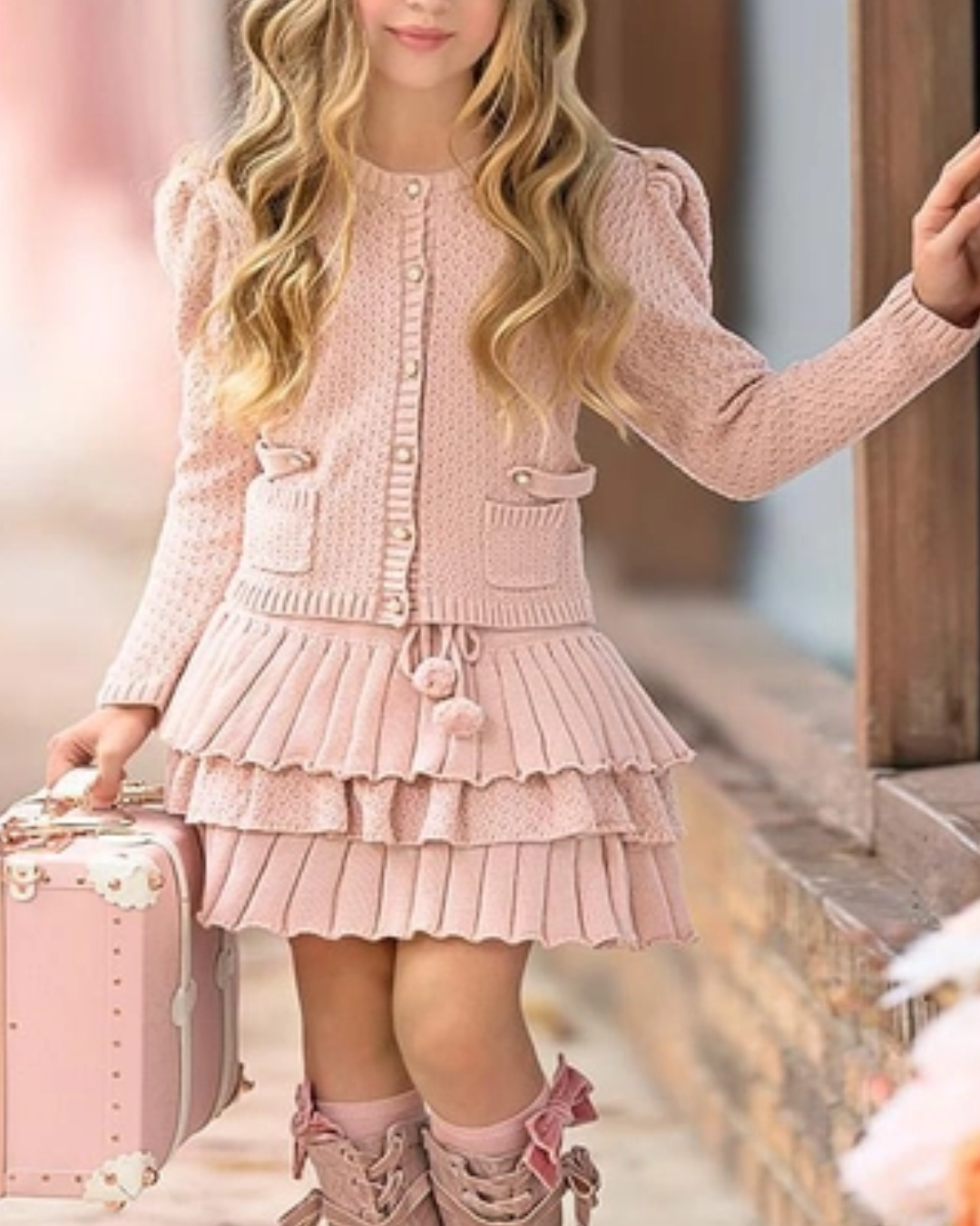 pink knit skirt set, girls knit cardigan outfit, boutique toddler skirt set, pearl button cardigan for girls, girls blush pink outfit, knit skirt and sweater set, toddler girl special occasion outfit, boutique girls knitwear, pink lace trim skirt, stylish girls knit outfit, girls fall knit set, toddler boutique clothing