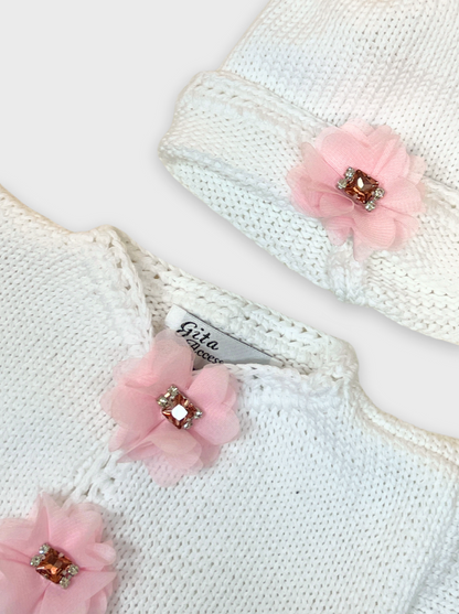 boutique baby girl knit sweater set, christening baby girl cardigan hat, white knit cotton baby outfit girls, boutique newborn knitwear Expressions Boutique NY, heirloom baby girl gift set, rhinestone flower cardigan for baby girl, baby shower gift set boutique, luxury knit baby girl sweater set, cotton baby sweater hat set, baby girl special occasion knitwear