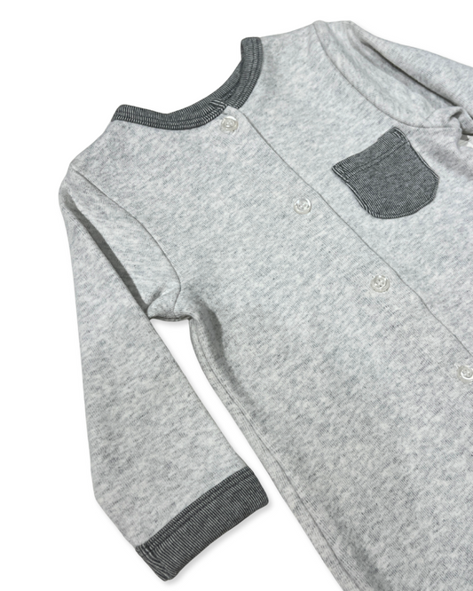 Grey/Blue Snap Footie, Expressions Boutique, Women and childrens boutique, Woodbury, grey baby footie, baby boy snap sleeper, boutique baby romper, infant footed one piece, soft cotton baby pajamas, newborn boy sleepsuit, snap closure baby outfit, modern baby boy footie, eco friendly baby clothing, baby shower boy gift