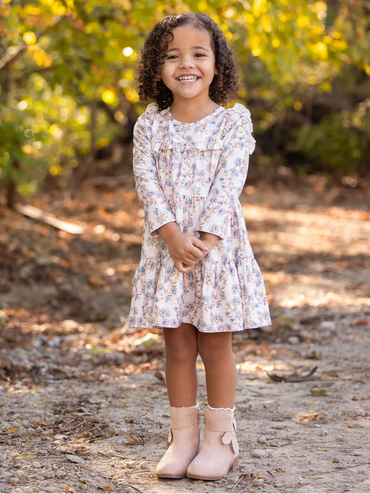 Sadie dress girls, floral ruffle dress kids, boutique toddler dress, ivory floral long sleeve dress, girls fall dresses, boutique girls outfit, girls birthday dress, boutique clothing for kids, toddler girl floral dress, tiered ruffle dress for girls, back to school, school boutique, childrens school