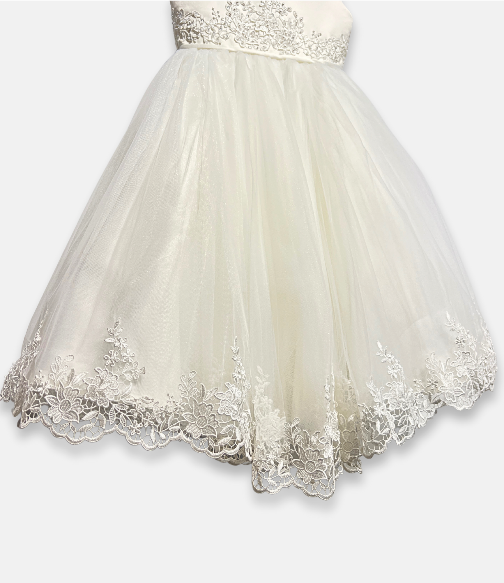 ivory lace flower girl dress, ivory tulle flower girl gown, boutique girls special occasion dress, ivory lace formal dress, couture girls dress, ivory embroidered lace gown, boutique flower girl outfit, ivory communion dress, Expressions Boutique NY, special occasion kids fashion