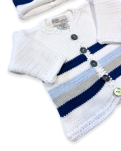 2pc White Cotton Lt Blue/Grey/Navy Stripe w Hat