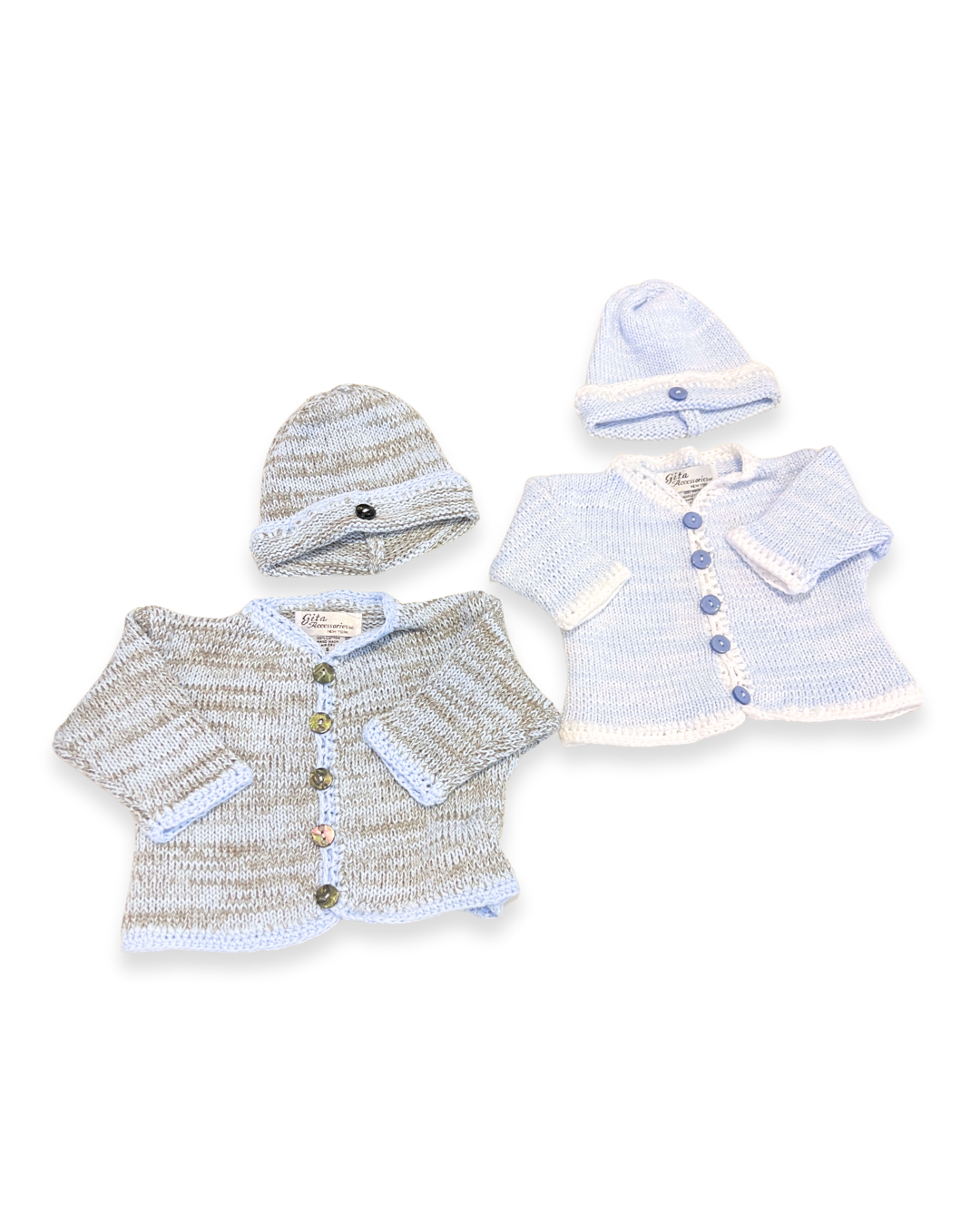 boutique baby cardigan set Expressions Boutique NY, tweed knit baby sweater with hat, neutral cotton cardigan for boys girls, heirloom baby knitwear breathable soft, pastel blue newborn outfit gift set
