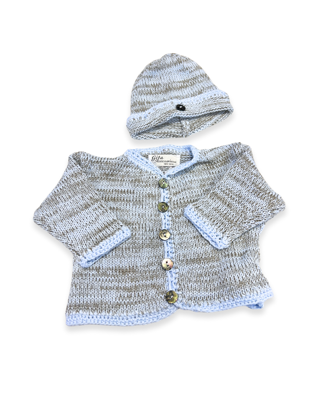boutique baby cardigan set Expressions Boutique NY, tweed knit baby sweater with hat, neutral cotton cardigan for boys girls, heirloom baby knitwear breathable soft, pastel blue newborn outfit gift set