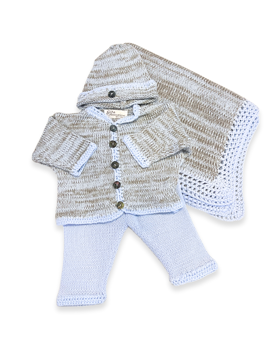boutique baby cardigan set Expressions Boutique NY, tweed knit baby sweater with hat, neutral cotton cardigan for boys girls, heirloom baby knitwear breathable soft, pastel blue newborn outfit gift set