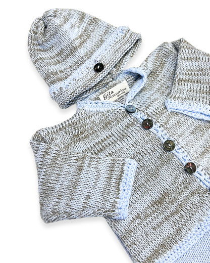 boutique baby cardigan set Expressions Boutique NY, tweed knit baby sweater with hat, neutral cotton cardigan for boys girls, heirloom baby knitwear breathable soft, pastel blue newborn outfit gift set