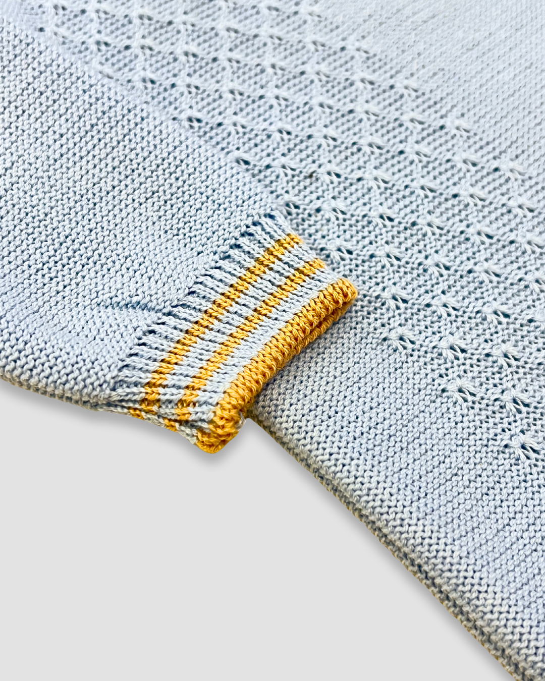 boutique baby boy romper Expressions Boutique NY, light blue knit romper with camel trim, classic cotton baby outfit, heirloom knit newborn romper breathable cotton, elegant infant boy one piece