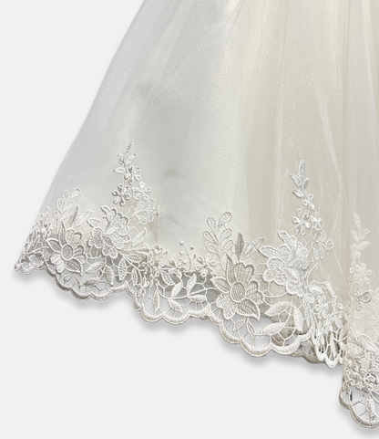 ivory lace flower girl dress, ivory tulle flower girl gown, boutique girls special occasion dress, ivory lace formal dress, couture girls dress, ivory embroidered lace gown, boutique flower girl outfit, ivory communion dress, Expressions Boutique NY, special occasion kids fashion