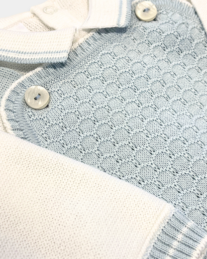 baby boy knit overall set, blue and white baby outfit, boutique baby boy clothing, knit baby boy romper, newborn knit outfit boy, baby boy christening outfit, baby boy holiday outfit, boutique knit baby clothes, baby shower gift boy, Expressions Boutique NY, Woodbury baby boutique, knit baby outfit with footies
