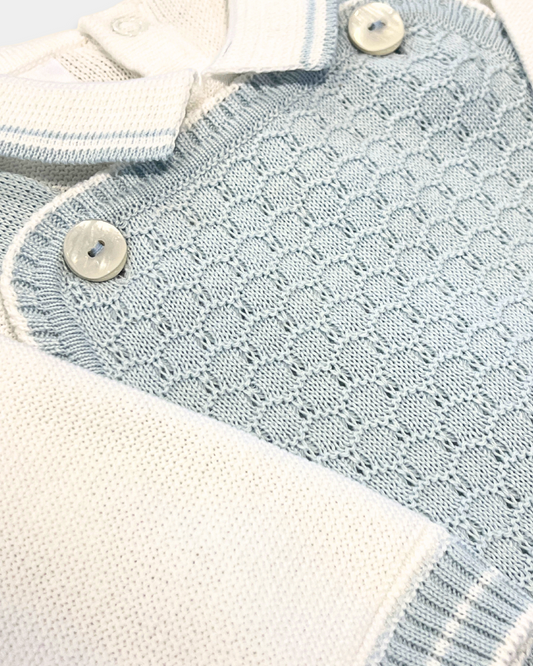 baby boy knit overall set, blue and white baby outfit, boutique baby boy clothing, knit baby boy romper, newborn knit outfit boy, baby boy christening outfit, baby boy holiday outfit, boutique knit baby clothes, baby shower gift boy, Expressions Boutique NY, Woodbury baby boutique, knit baby outfit with footies