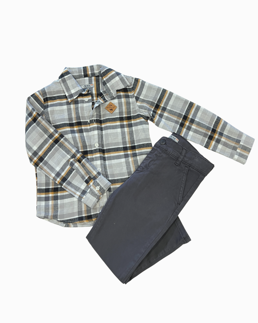 2pc Grey/Beige/Black Plaid w Dark Grey Pant
