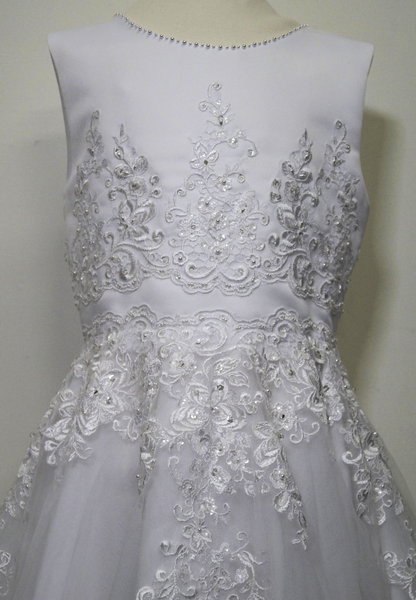 white beaded lace bodice communion dress Expressions Boutique NY, satin and tulle first communion gown, girls beaded white communion dress, elegant lace communion wear Long Island, boutique communion dresses Woodbury NY