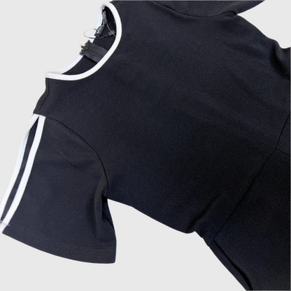 Black Split Sleeve w White Trim Romper