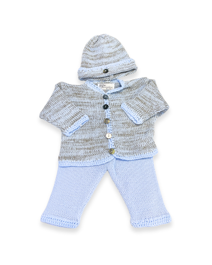 boutique baby cardigan set Expressions Boutique NY, tweed knit baby sweater with hat, neutral cotton cardigan for boys girls, heirloom baby knitwear breathable soft, pastel blue newborn outfit gift set