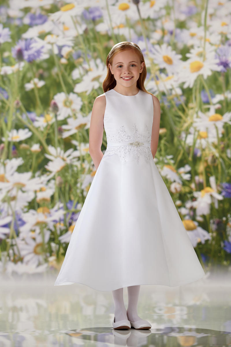matted satin communion dress Expressions Boutique NY, girls white communion gown, sleeveless satin A-line dress, first communion attire Long Island, boutique communion wear Woodbury NY, elegant satin communion dress