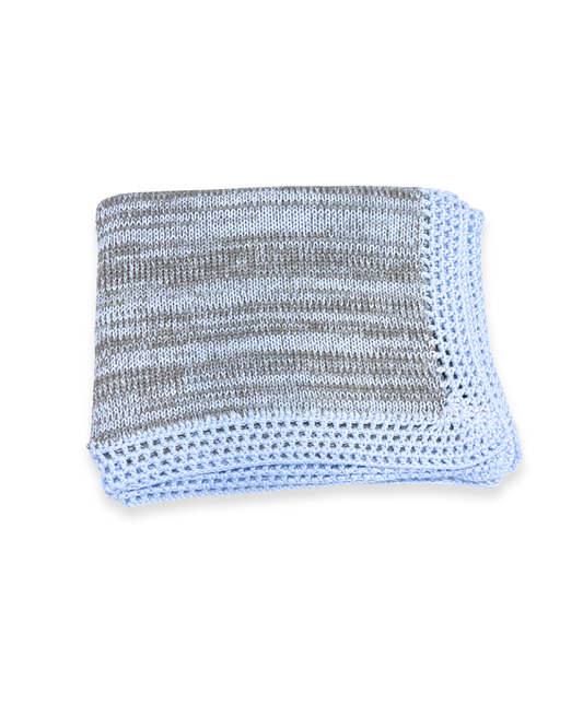 boutique cotton baby blankets Expressions Boutique NY, striped white cotton stroller blanket, navy grey light blue baby blanket with hat, neutral baby shower gift boy girl, heirloom cotton knit blanket breathable soft