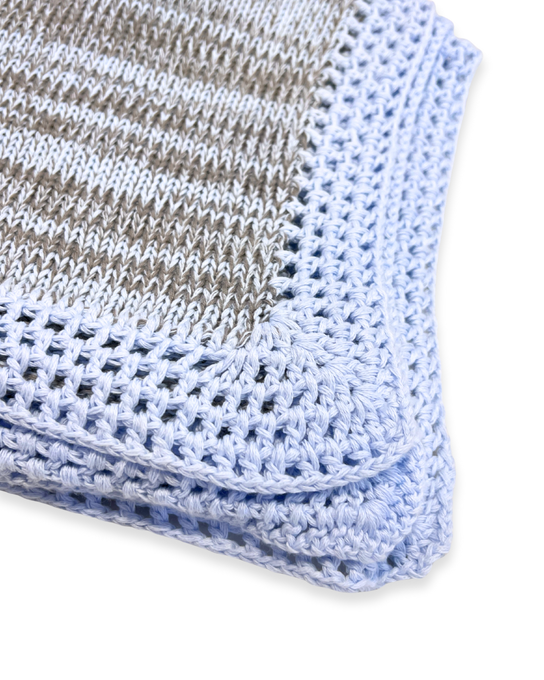 boutique cotton baby blankets Expressions Boutique NY, striped white cotton stroller blanket, navy grey light blue baby blanket with hat, neutral baby shower gift boy girl, heirloom cotton knit blanket breathable soft