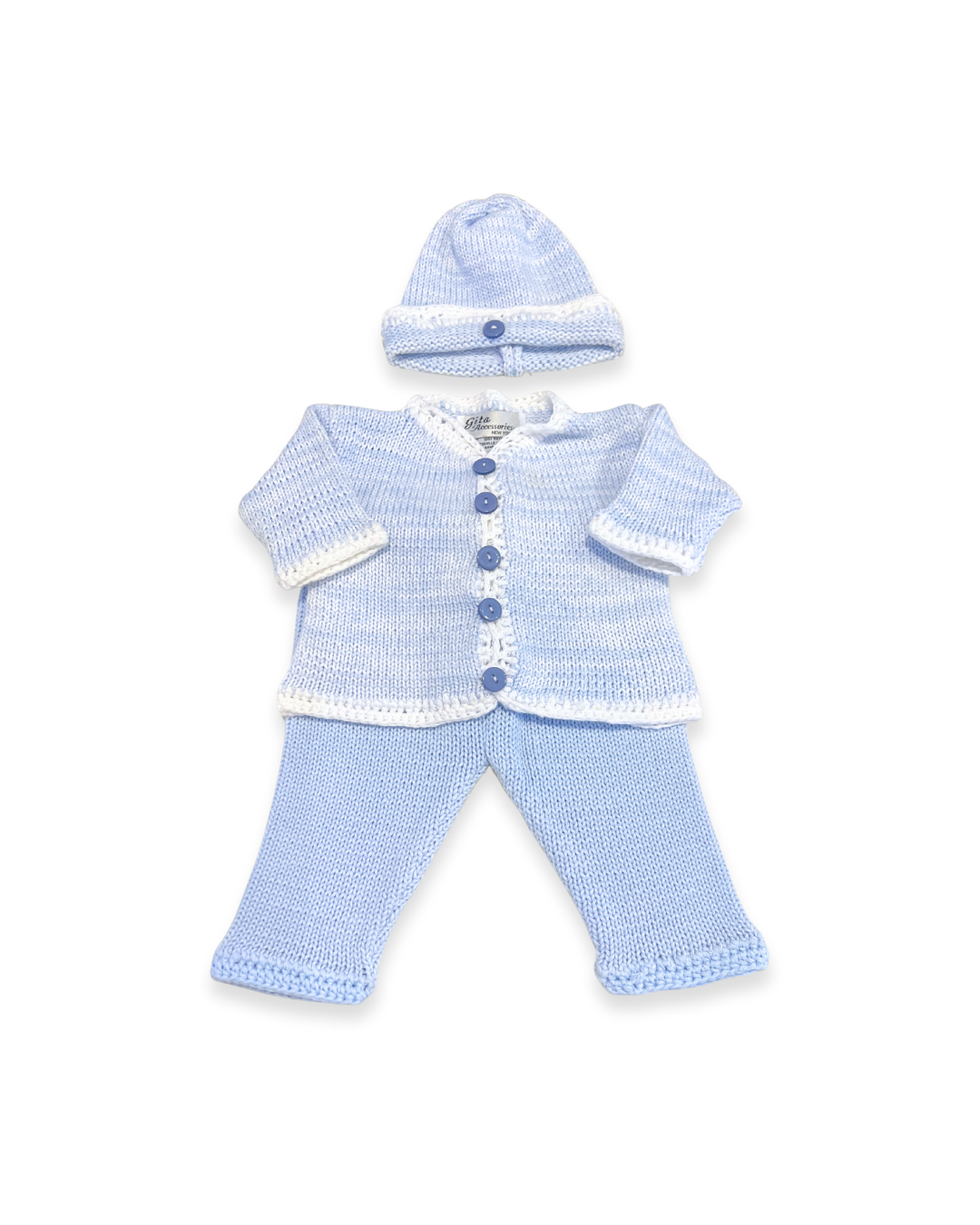boutique baby cardigan set Expressions Boutique NY, tweed knit baby sweater with hat, neutral cotton cardigan for boys girls, heirloom baby knitwear breathable soft, pastel blue newborn outfit gift set