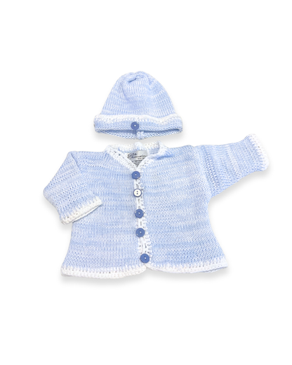 boutique baby cardigan set Expressions Boutique NY, tweed knit baby sweater with hat, neutral cotton cardigan for boys girls, heirloom baby knitwear breathable soft, pastel blue newborn outfit gift set