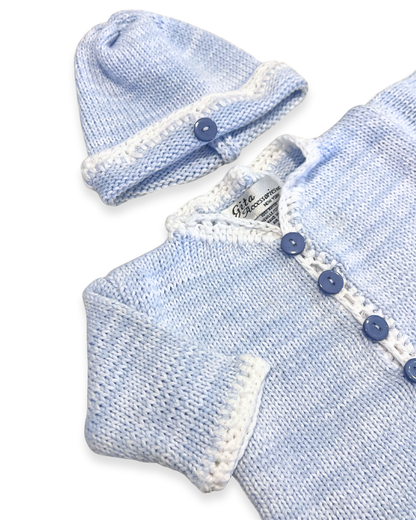 boutique baby cardigan set Expressions Boutique NY, tweed knit baby sweater with hat, neutral cotton cardigan for boys girls, heirloom baby knitwear breathable soft, pastel blue newborn outfit gift set