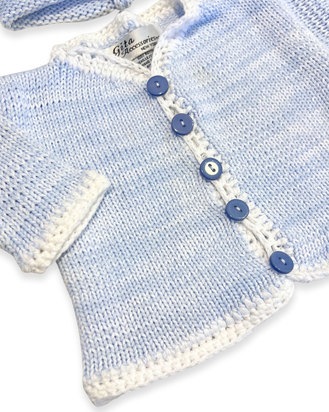 boutique baby cardigan set Expressions Boutique NY, tweed knit baby sweater with hat, neutral cotton cardigan for boys girls, heirloom baby knitwear breathable soft, pastel blue newborn outfit gift set