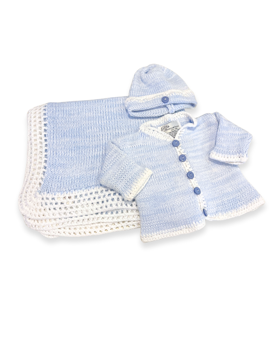 boutique baby cardigan set Expressions Boutique NY, tweed knit baby sweater with hat, neutral cotton cardigan for boys girls, heirloom baby knitwear breathable soft, pastel blue newborn outfit gift set