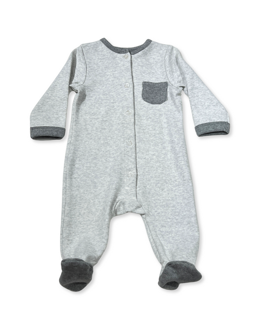 Grey/Blue Snap Footie, Expressions Boutique, Women and childrens boutique, Woodbury, grey baby footie, baby boy snap sleeper, boutique baby romper, infant footed one piece, soft cotton baby pajamas, newborn boy sleepsuit, snap closure baby outfit, modern baby boy footie, eco friendly baby clothing, baby shower boy gift