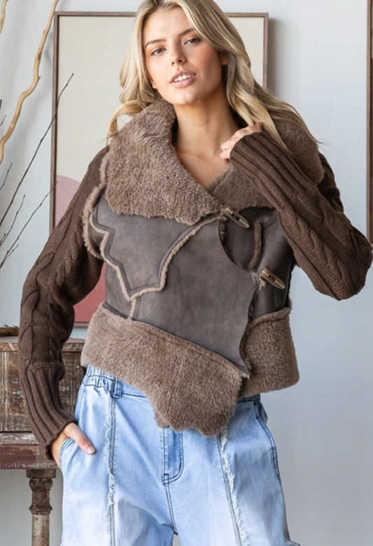 faux leather sherpa jacket, knit sleeve moto jacket, brown asymmetrical coat, chocolate winter jacket, boutique fall layering, cozy edgy outerwear, toggle front leather jacket, knit and leather mixed jacket, women’s boutique jacket, sherpa lined fall coat