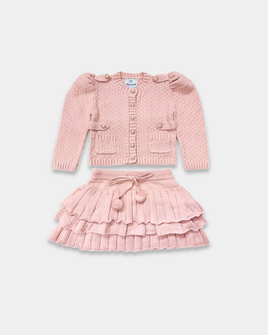 pink knit skirt set, girls knit cardigan outfit, boutique toddler skirt set, pearl button cardigan for girls, girls blush pink outfit, knit skirt and sweater set, toddler girl special occasion outfit, boutique girls knitwear, pink lace trim skirt, stylish girls knit outfit, girls fall knit set, toddler boutique clothing