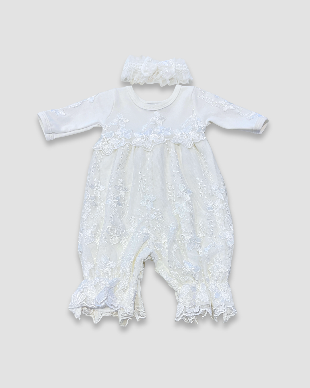 boutique baby lace romper Expressions Boutique NY, white lace christening outfit, infant baptism romper with headband, floral embroidered baby outfit, heirloom cotton lace baby girl romper