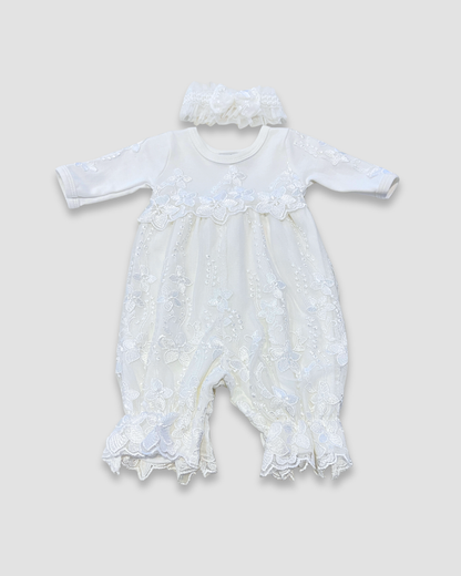 boutique baby lace romper Expressions Boutique NY, white lace christening outfit, infant baptism romper with headband, floral embroidered baby outfit, heirloom cotton lace baby girl romper