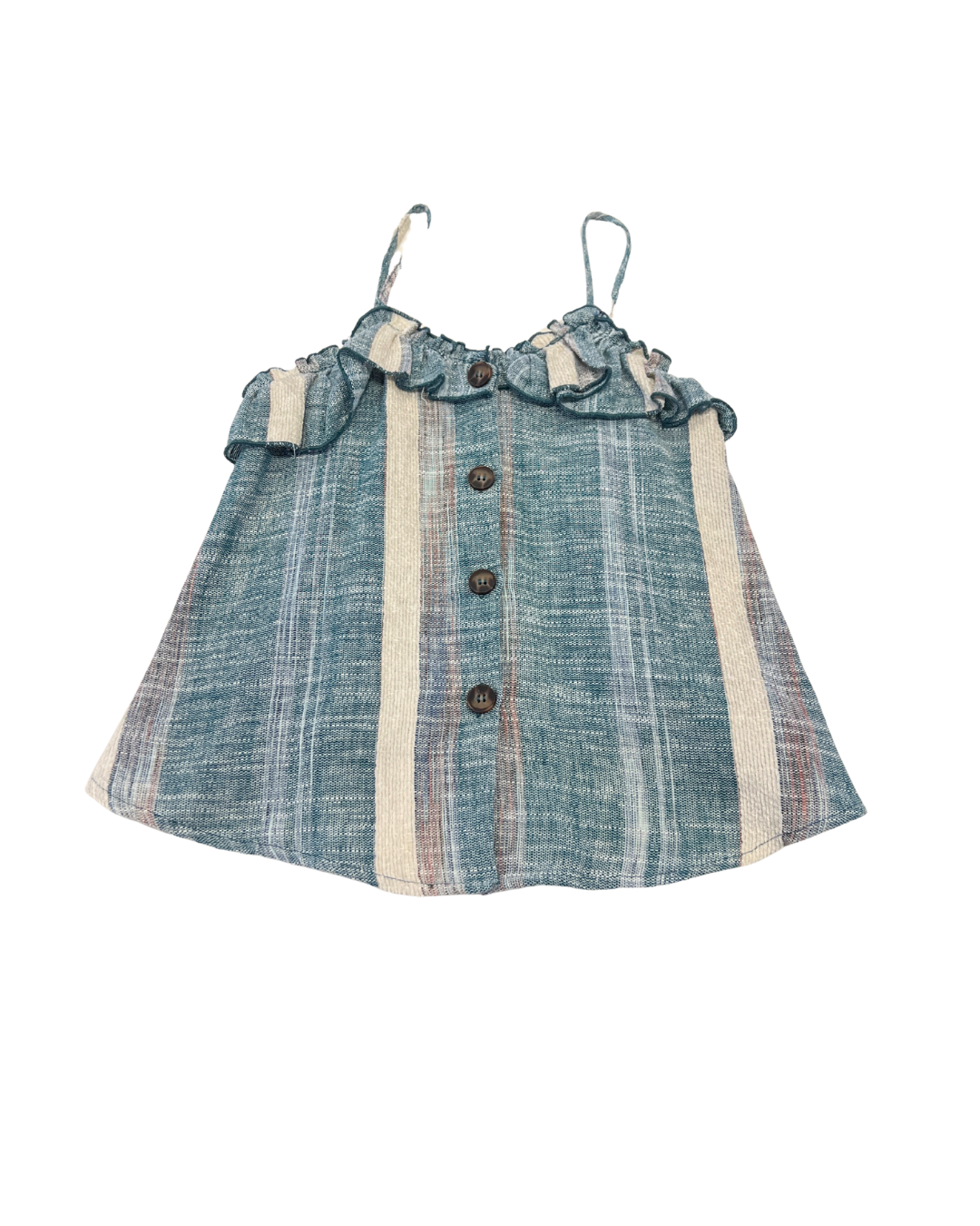 teal stripe top, ruffle spaghetti strap blouse, button front summer cami, Expressions Boutique NY women’s fashion, lightweight woven top