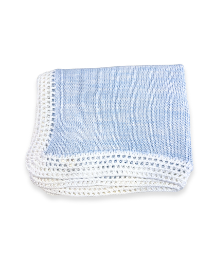 boutique cotton baby blankets Expressions Boutique NY, striped white cotton stroller blanket, navy grey light blue baby blanket with hat, neutral baby shower gift boy girl, heirloom cotton knit blanket breathable soft