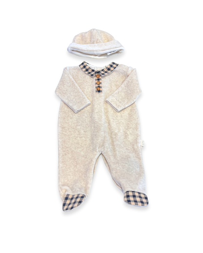 boutique baby velour footie set Expressions Boutique NY, camel velour baby outfit with hat, neutral gender newborn take home outfit, checkered collar baby jumpsuit soft cozy, luxury baby sleepwear gift set