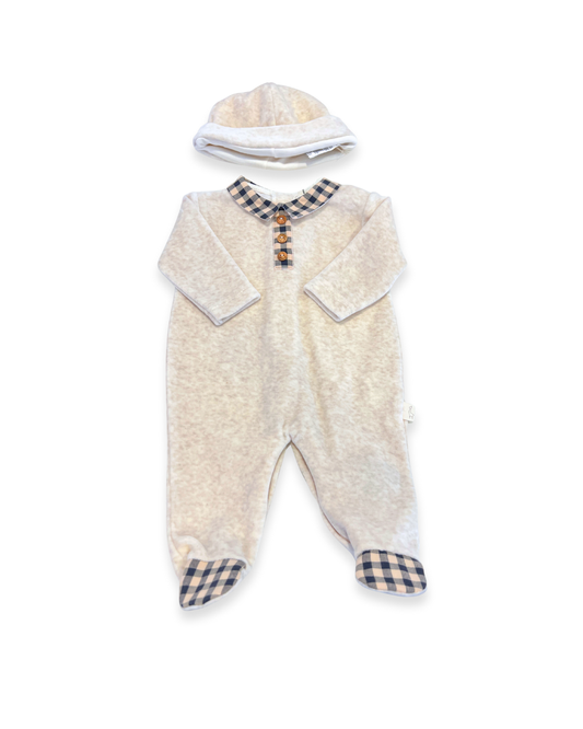 boutique baby velour footie set Expressions Boutique NY, camel velour baby outfit with hat, neutral gender newborn take home outfit, checkered collar baby jumpsuit soft cozy, luxury baby sleepwear gift set