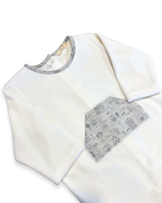 boutique baby velour footie Expressions Boutique NY, ivory velour baby sleeper with snaps, grey pocket baby footie, neutral newborn outfit cozy soft, unisex baby velour onesie breathable cotton blend