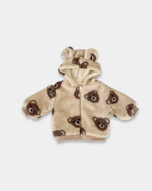 bear plush coat baby, toddler teddy bear jacket, sherpa fleece kids coat, baby bear ear hoodie, plush winter coat for toddlers, boutique bear zip-up jacket, cozy baby outerwear, teddy print kids coat, infant fleece bear hoodie, warm toddler plush jacket