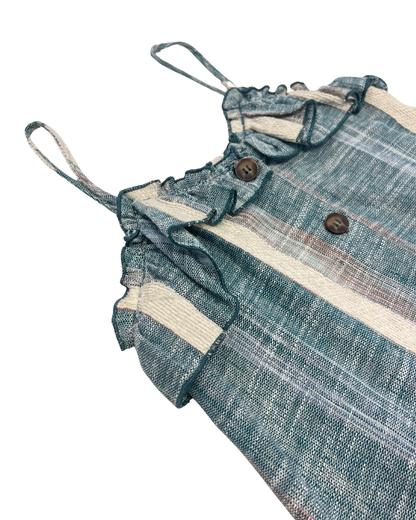 teal stripe top, ruffle spaghetti strap blouse, button front summer cami, Expressions Boutique NY women’s fashion, lightweight woven top