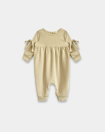 cinnamon sugar baby romper, neutral baby girl outfit, boutique infant romper, textured knit romper, long sleeve baby romper, baby fall outfit, cozy infant romper, newborn baby girl clothing, boutique romper with ties, soft neutral baby clothes, back to school, school outfits, pre-k clothing
