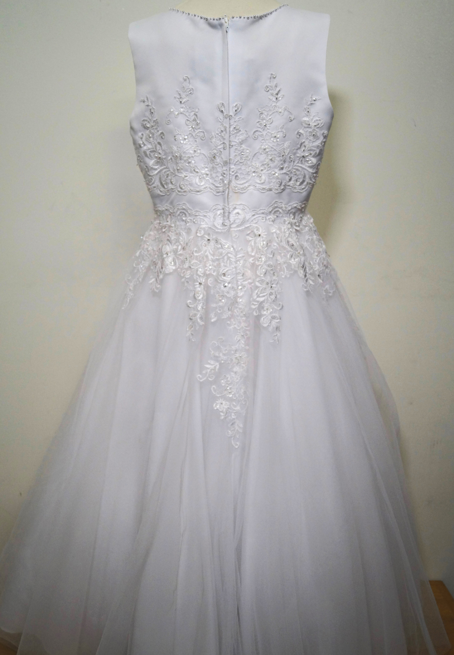 white beaded lace bodice communion dress Expressions Boutique NY, satin and tulle first communion gown, girls beaded white communion dress, elegant lace communion wear Long Island, boutique communion dresses Woodbury NY