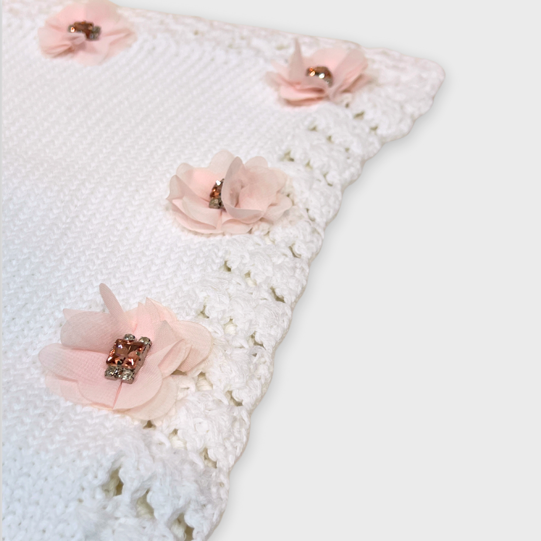 White Cotton Blanket w Lg Pink Stone/Rhinestone