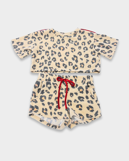 girls lounge set, leopard print set, fleece toddler outfit, girls matching shorts set, animal print kids clothing, boutique girls loungewear, comfy girls summer set, camel leopard outfit