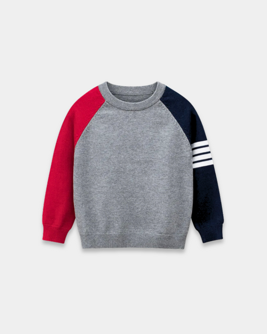 grey kids pullover top, colorblock toddler sweater, red blue sleeve sweatshirt, sporty kids long sleeve shirt, boutique toddler boys top, unisex kids pullover, casual toddler fall top, striped sleeve kids shirt, trendy colorblock sweater for children, everyday toddler wear