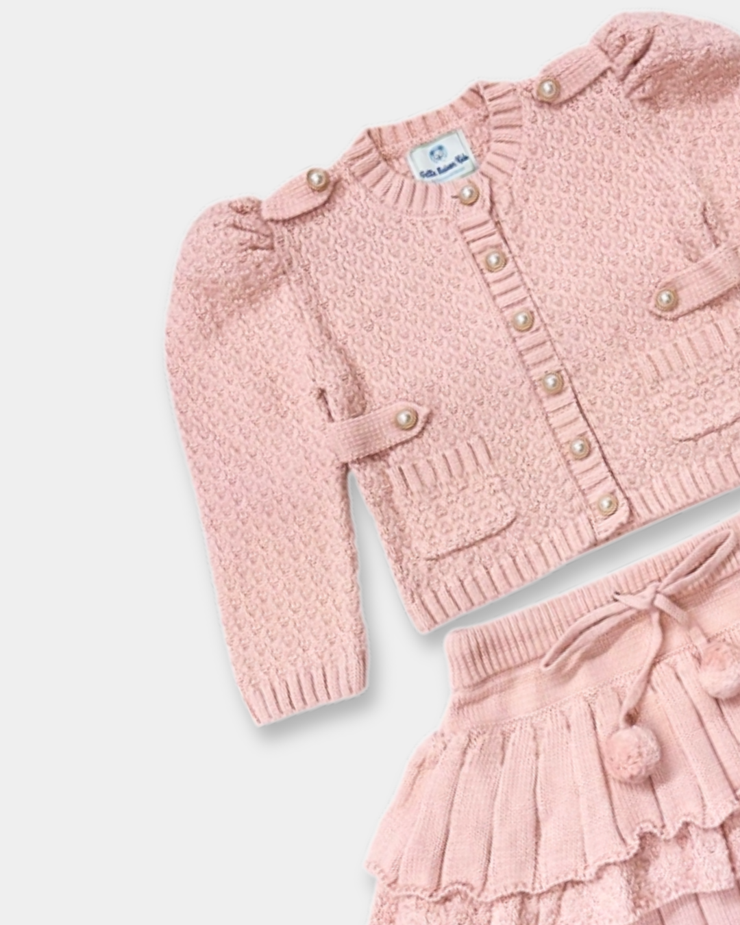 pink knit skirt set, girls knit cardigan outfit, boutique toddler skirt set, pearl button cardigan for girls, girls blush pink outfit, knit skirt and sweater set, toddler girl special occasion outfit, boutique girls knitwear, pink lace trim skirt, stylish girls knit outfit, girls fall knit set, toddler boutique clothing