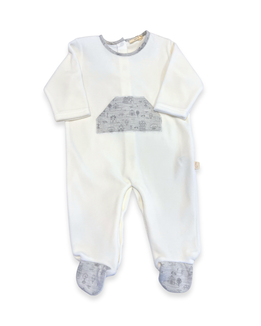 boutique baby velour footie Expressions Boutique NY, ivory velour baby sleeper with snaps, grey pocket baby footie, neutral newborn outfit cozy soft, unisex baby velour onesie breathable cotton blend