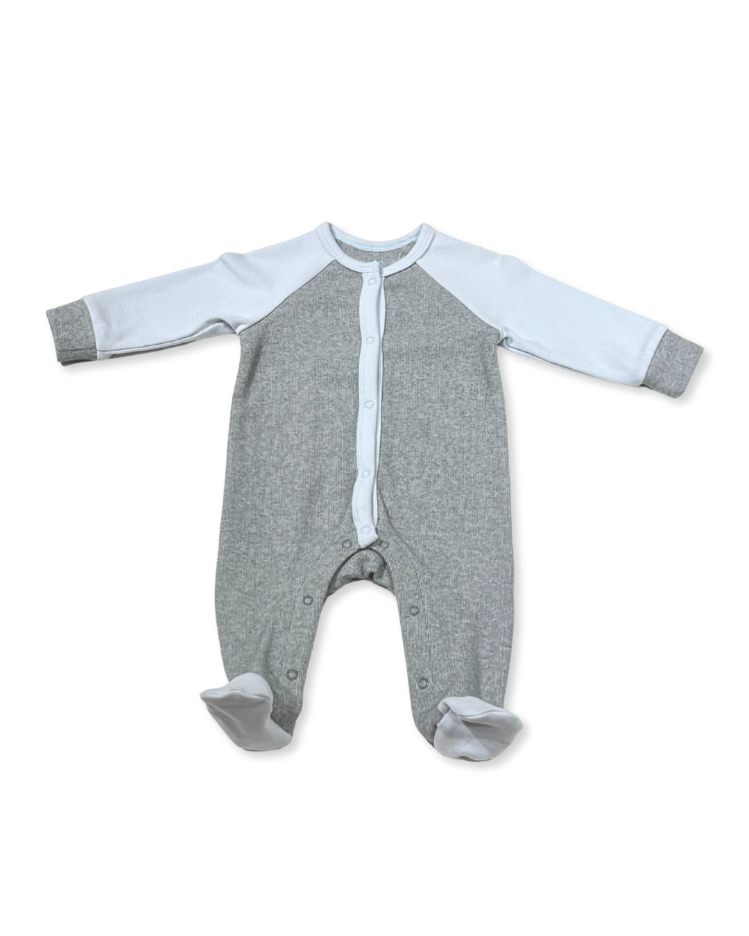 Grey/Blue Snap Footie, Expressions Boutique, Women and childrens boutique, Woodbury, grey baby footie, blue contrast baby romper, baby boy snap sleeper, boutique baby romper, infant footed one piece, soft cotton baby pajamas, newborn boy sleepsuit, snap closure baby outfit, modern baby boy footie, eco friendly baby clothing, baby shower boy gift