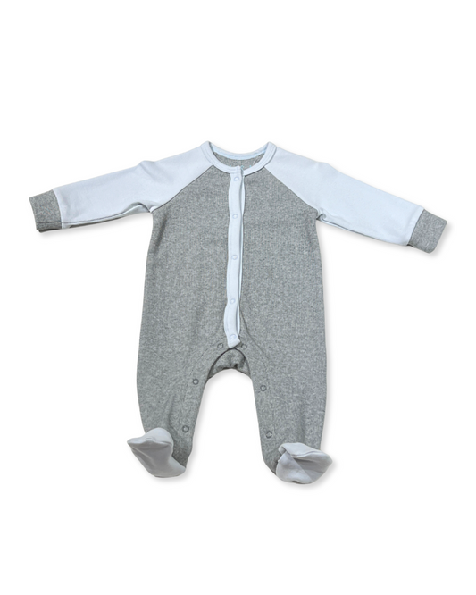 Grey/Blue Snap Footie, Expressions Boutique, Women and childrens boutique, Woodbury, grey baby footie, blue contrast baby romper, baby boy snap sleeper, boutique baby romper, infant footed one piece, soft cotton baby pajamas, newborn boy sleepsuit, snap closure baby outfit, modern baby boy footie, eco friendly baby clothing, baby shower boy gift