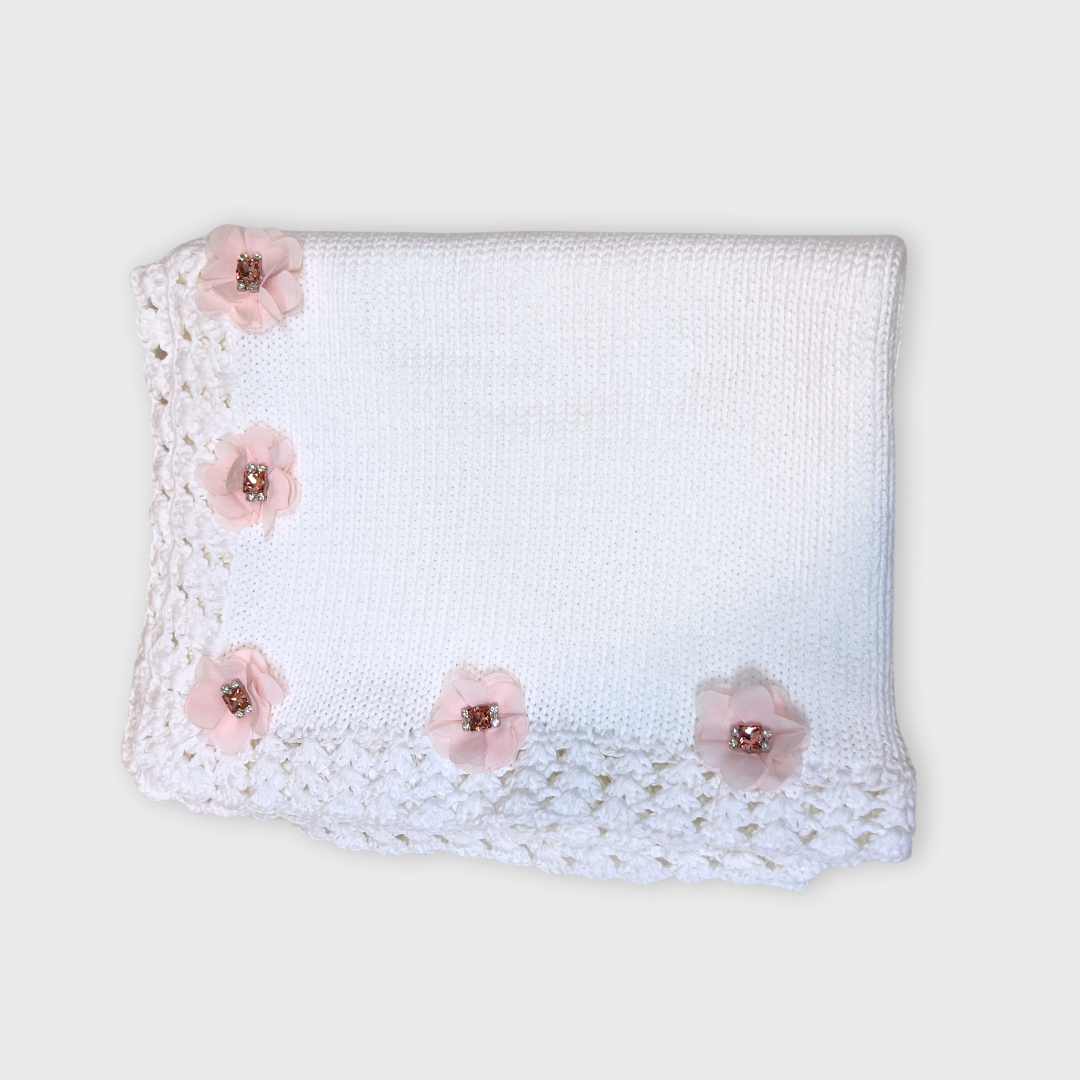 White Cotton Blanket w Lg Pink Stone/Rhinestone